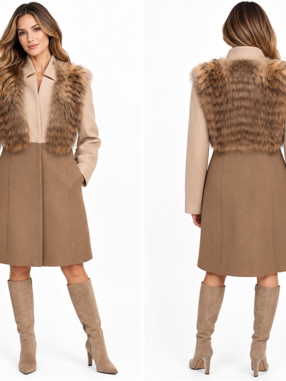 Philosophy Two-Tone Wool Coat with Fur Front and Back Panel - Beige & Camel